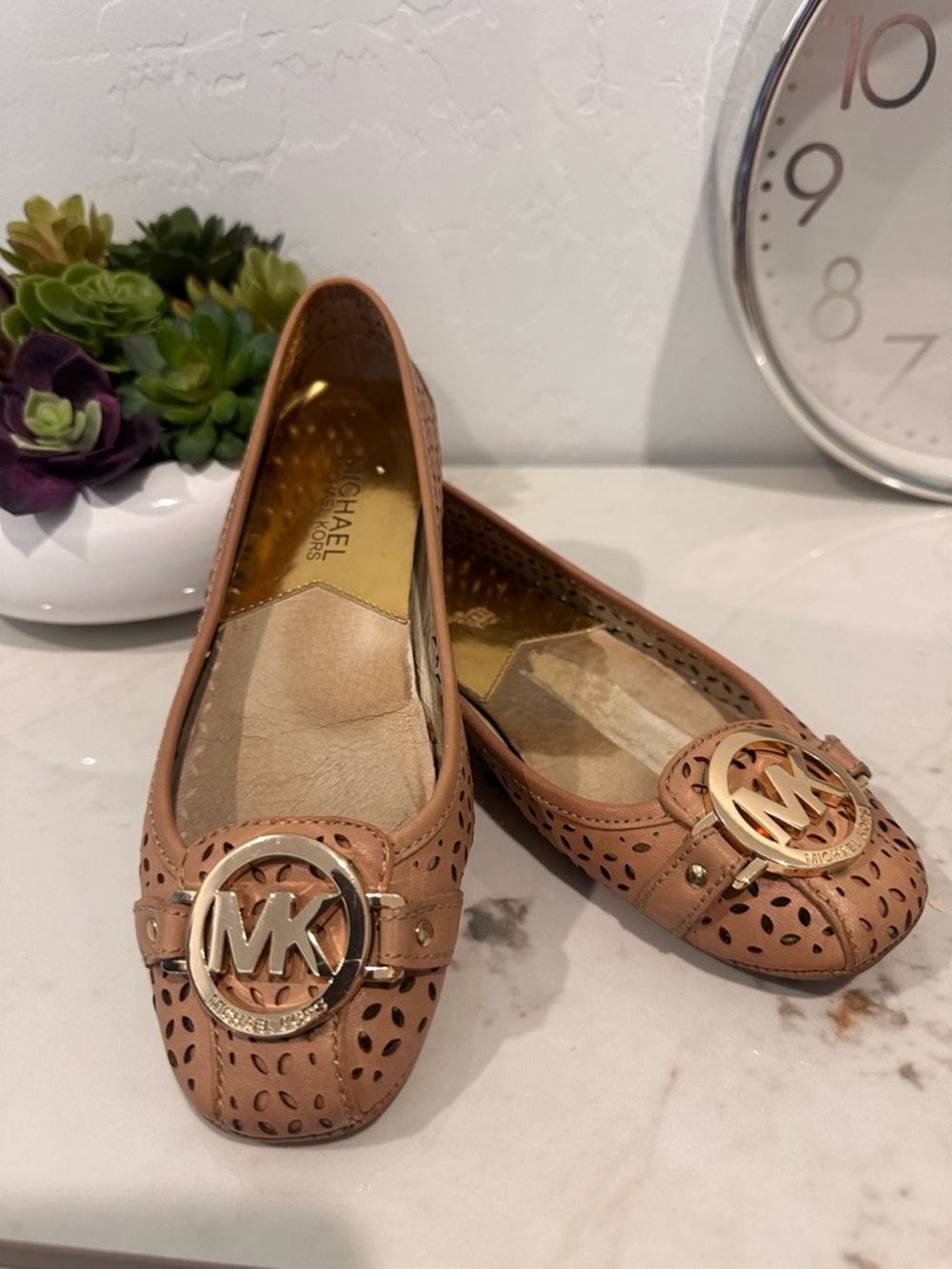 Michael Kors Tan Perforated Logo Slip-On Flats